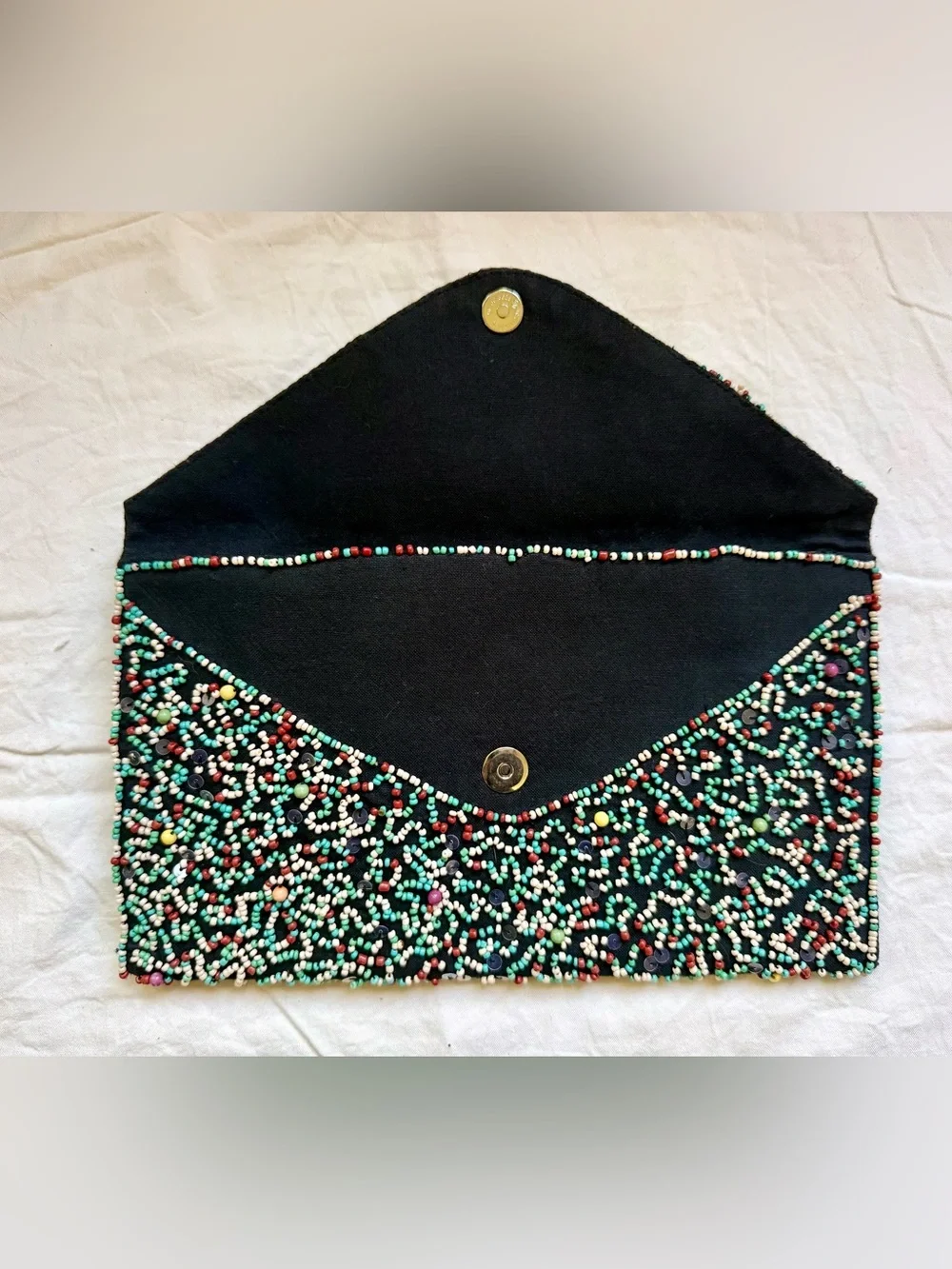 Zara Black Beaded Envelope Clutch with Multicolor Beads